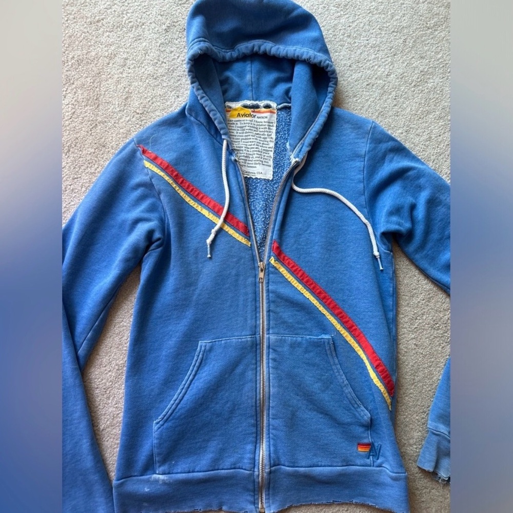 Aviator Nation vintage Blue Zip-Up Hoodie with Red and Yellow Stripe